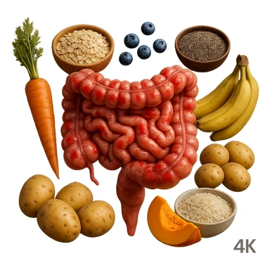 intestino umano anatomico infiammato con carota, bowl di avena, mirtilli, bowl di semi di chia, patate, banane, zucca, bowl di riso che gli fluttuano dietro, iperrealistico 4k sticker
