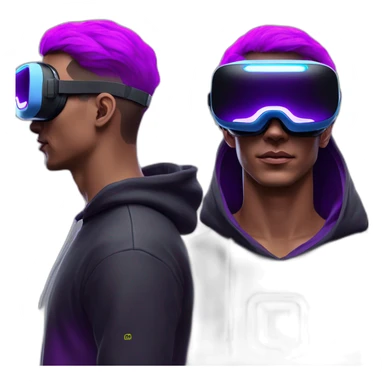 Man with white skin in the black hoody with violet OMG VR logo on it wearing vr headset oculus quest 2. Cyberpunk style. Violet neon. sticker