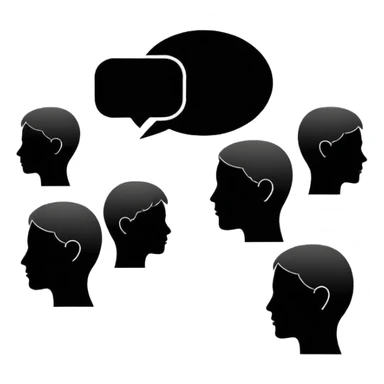 Minimalistic flat vector icon, iOS style, thin black contour on white background. Human head with speech bubble and small group of people silhouettes listening. Clean, no text, no shadows sticker