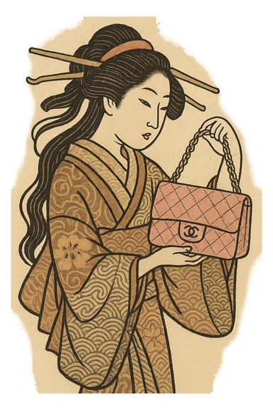 pink Chanel purse, Japanese woodblock print inspired, ukiyo-e style sticker
