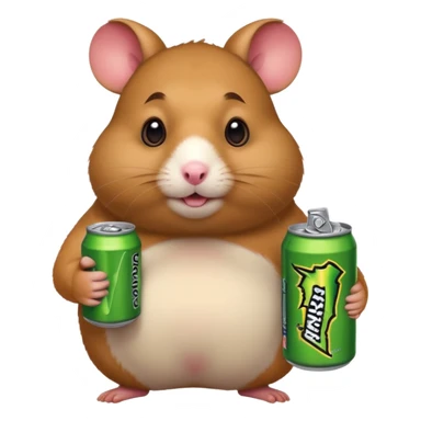 Funny cartoon-style fat hamster wide eyed holding a can of monster energy in one hand and redbull in the other hand sticker