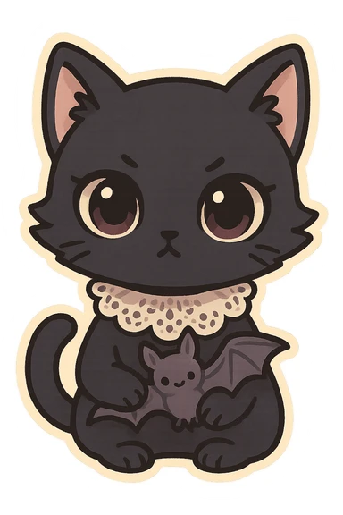 gothic cat, chibi style, pastel palette, black fur, lace collar, big eyes, cute but mysterious, holding a tiny bat sticker
