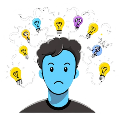 Person with a chaotic mind, swirling tornado of tangled thoughts around their head, containing question marks, light bulbs, and scribbles. The person has a bewildered, overwhelmed expression. sticker