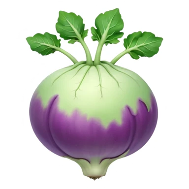 whole kohlrabi bulb, smooth pale green to light purple skin, round and slightly flattened, a few short leafy stems emerging from the top, firm surface with faint natural lines and gentle bumps, soft lighting, subtle shadows, emoji scale sticker