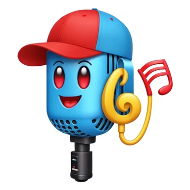 Create a bold and playful emoji that represents beatboxing. The design should feature a microphone with a cap placed on top, with large lips peeking out from under the cap. From the lips, bass clef symbols are bursting outward, symbolizing the vocal percussion and rhythm of beatboxing. Add soundwaves or beat patterns to reflect the energetic and creative nature of the art form. Use vibrant, bold colors like neon blue, red, and yellow to convey the street culture and intensity of beatboxing. The background should be transparent. sticker
