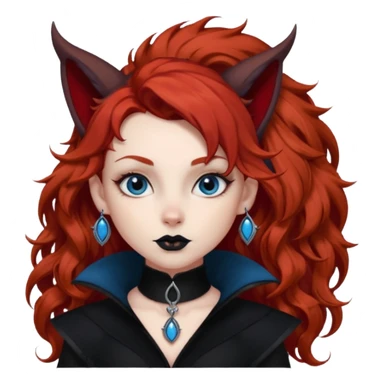  long curly red hair (darker), red pointed ears with black trim, black goth outfits, body and face human, blue eyes, more pointy chin, black lipstick, big fluffy red squirrel tail with black tips, like the attached photo with more outfits and poses,  sticker