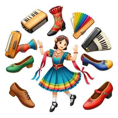 Icon for Folk Dance: close-up traditional dance shoes, colorful folk costumes, and a dance circle with ribbons and musical instruments like a tambourine or accordion. The icon should represent the vibrant and cultural aspects of folk dancing. Transparent background. sticker