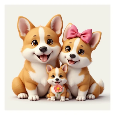 photorealistic corgi family together: male, female with pink bow, and small puppy with flower, all looking happy sticker