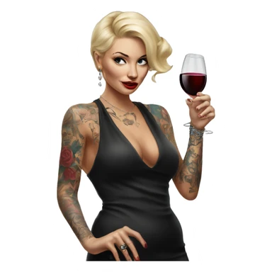 Blonde elegant women, her body covered with tattoos, wine in her one hand, pointing on you with her other hand , Hyper realistic sticker
