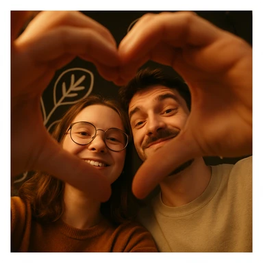 Two friends taking a selfie from a low angle, faces surrounded by their hands forming a heart shape. One has round glasses, the other a small beard and a playful smile. Soft light, warm ambiance, white graphic decor on a dark background behind. sticker