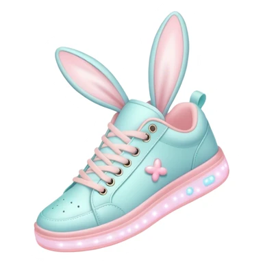 Cute Kawaii Shoe, small and bouncy, soft pastel sneakers with glowing highlights, cute sparkling eyes, a happy cheerful expression, laces tied like bunny ears! sticker