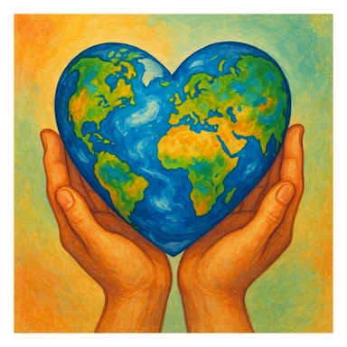 a pair of hands gently holding a heart-shaped Earth, vibrant and friendly, colorful and inviting sticker