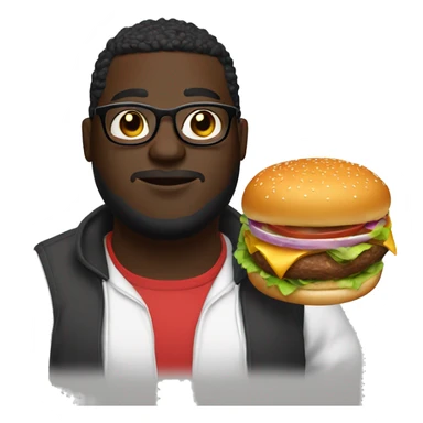 fat darkskin male with glasses with high top fade holding a burger and a skds sticker