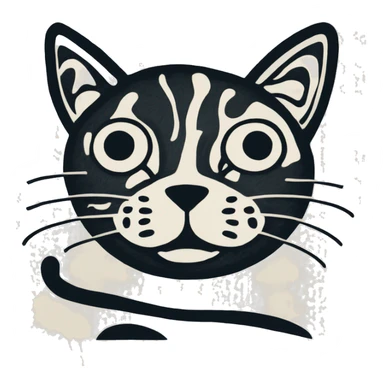 Abstract quirky funky cat made of different shapes and squiggles linocut illustrations  sticker