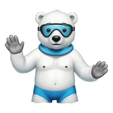 friendly anthropomorphised polar bear standing in a puddle of water, wearing board shorts, scuba mask over eyes, swimming armbands sticker