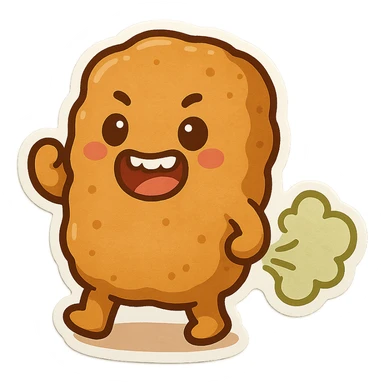 a fun and expressive cartoon chicken nugget character with its mouth open showing teeth and farting, silly and animated style sticker