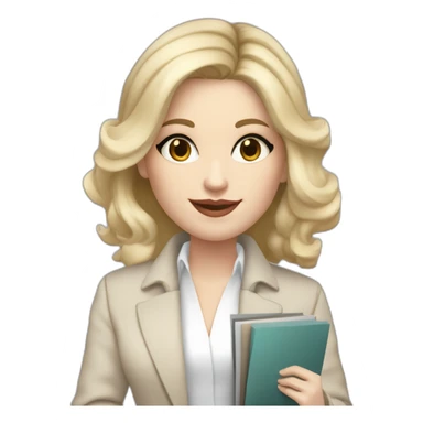 pale skin woman interior designer with cold blonde middle length hair, gray eyes, White oversize jacket, beige blouse, Gray skirt holding a color palette in the hands sticker
