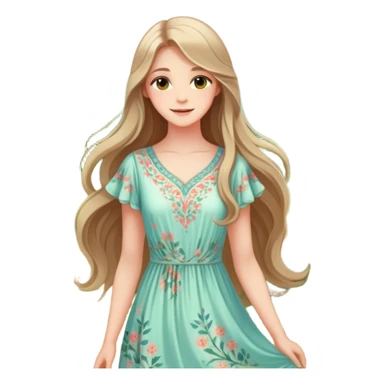 A beautiful young woman with long flowing hair, soft glowing skin, bright eyes, and a serene smile. She wears a delicate dress with floral patterns, standing in a peaceful garden with soft sunlight filtering through the trees sticker