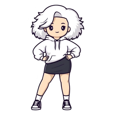 Female with slim hourglass figure, white big hair, wearing white sweatshirt, black skirt, and white shoes, full body pose sticker