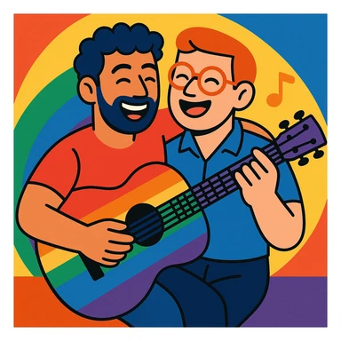rainbow guitar being played by a joyful gay couple sticker
