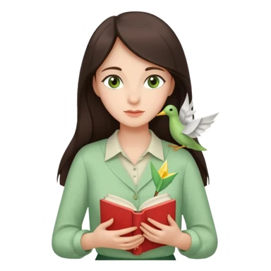 Gentle woman with fair skin, long dark brown hair, green eyes, light green blouse, holding a book to her chest. Surrounded by a heart, paper crane, leaves, and candle. Waist-up, front-facing sticker