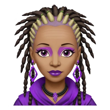57 years young,  Black queen with a  dreads mohawk hairstyle, purple lipstick,  purple eyeshadow,  droppy sort of eyes, bamboo triangle earrings with the name Draya personalized on them.  sticker