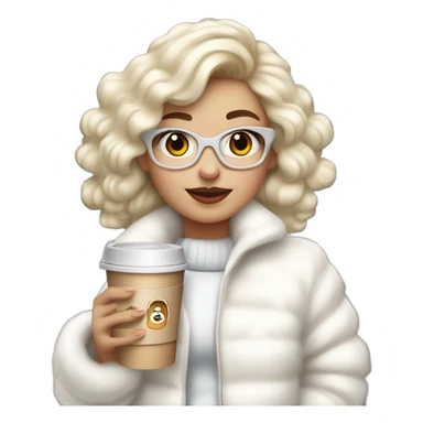 blonde girl wearing white fluffy jacket and a coffee to go in hand all dress white and a white bow on hair sticker
