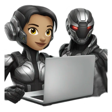 Girl developer behind his laptop with this style : Crytek Crysis Video game with nanosuit character hacker themed character sticker