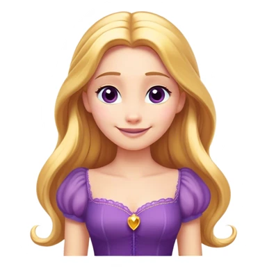 Cinematic Radiant Rapunzel Portrait Emoji, rendered in a flat vector style with clean proportions. Show Rapunzel with a gentle smile, fair, glowing skin, and her iconic long golden hair cascading softly, wearing a simple, elegant purple dress. The image radiates a warm, enchanting glow, high shine, and is accentuated by a soft glowing outline. sticker