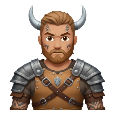 A rugged Viking man with tattooed arms, leather armor, and intense eyes ready for battle.
 sticker