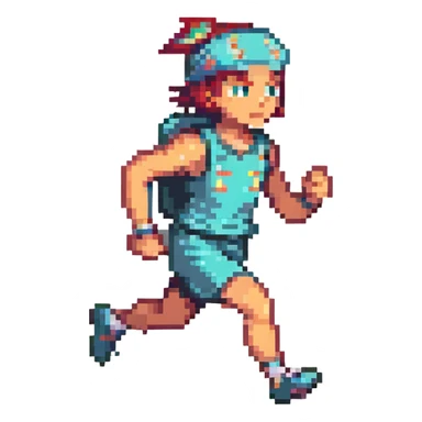 pixel art of a runner with a headband, mid-stride, retro game style sticker
