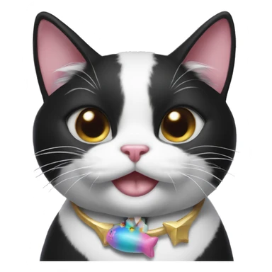 Black and white tuxedo cat with a unicorn toy in her mouth sticker