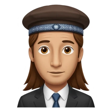 Man with a long nose wearing a suit and kippah, he has long brown hair with a payot sticker