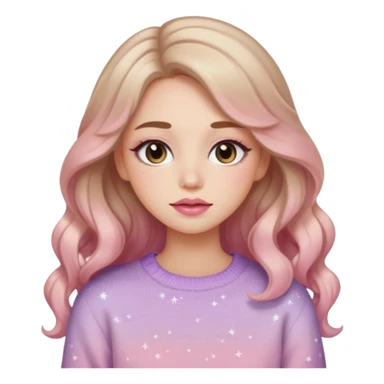 “Emoji girl, soft eyeliner, gradient rose lips, light brown shimmer eyeshadow, sparkly aegyo-sal, long wavy hair, cozy pastel sweater.” sticker
