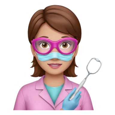 Dentista mujer con mascarilla rosada, cabellos marron, piel blanca, camisa rosada, ojos marrones sticker