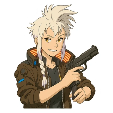 1 female, gold yellow eyes, white hair lavender tips, long white braid, unruly locks in front, mohawk, wearing trademark cyberpunk jacket with the lit up inner collar, reloading a m9 pistol with a smirk sticker
