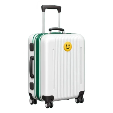 white ribbed suitcase on wheels with handle, dark green details, side view, emoji style sticker