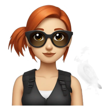 Bad Redhead girl bun Sun glass bun and wearing black with a cockatiel in the shoulder sticker