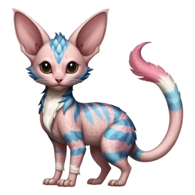 Furry, fluffy tropical flecked painted feathery scaly, colorful, Minccino-Sphynx-Lykoi-Linoone-Zangoose-fusion-hybrid-animal-Fakémon-creature, full body, thin long sleek scaly tail, intricate markings sticker