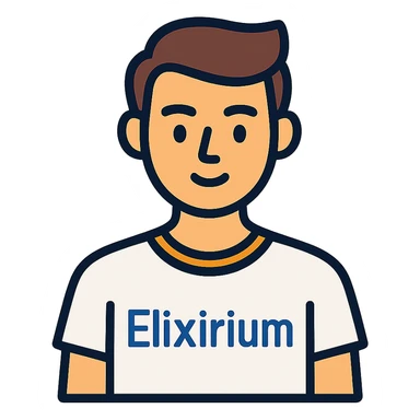 young man wearing white t-shirt with the word 'Elixirium' written on the t-shirt, colorful outline icon style sticker
