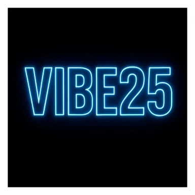 Refine the VIBE25 logo for small size readability. Keep the bold, simple lettering and neon blue glow. Ensure a clear, strong Tron-style outline remains around the letters. Maintain the solid black background and futuristic look. Focus on clarity and strong outlines for small scale visibility. sticker