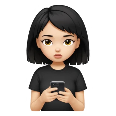 generate a pretty bratz girl with short black very messy hair, looking tired and using her phone, wearing an oversized black tshirt sticker