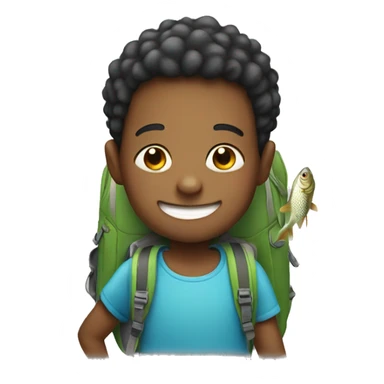 smiling boy with backpack holding a fish sticker