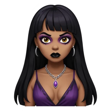 vampira gótica parda zumbi de cabelo longo e preto e franja e roupa com decote e batom preto e sobrancelha grossa sticker