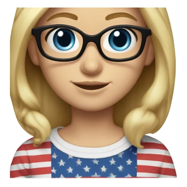 A girl wearing an American flag shirt, pretty, medium blonde hair, blue eyes, glasses, white teeth, freckles sticker