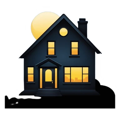 Minimalist emoji-style sticker of a house silhouette at night with a single lit window, and an eye visible inside. Flat, dark, quiet style.
 sticker