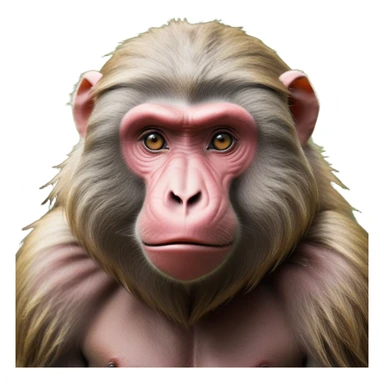 Cinematic Realistic Noble Baboon Portrait Emoji, Poised and commanding, with a robust, muscular build and a richly textured face marked by prominent brows, a powerful jawline, and deep, soulful eyes rendered in natural earthy tones, high shine, intelligent and bold, styled with an air of wild majesty, focused and attentive, soft glowing outline, capturing the essence of a watchful and confident baboon that exudes raw, regal power! sticker