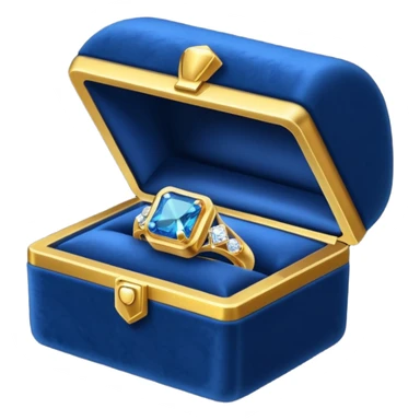 a dark blue box containing a gold ring with a diamond sticker