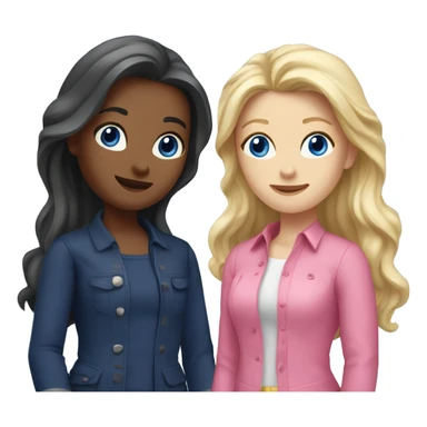 two girls best friends stand for a photo, one brunette with long hair, blue eyes in pink clothes, the second blonde with gray eyes long hair in navy blue clothes sticker
