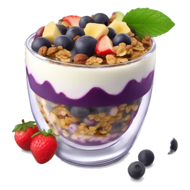 Açaí in a clear cup with layers of fruits and granola and condensed milk sticker
